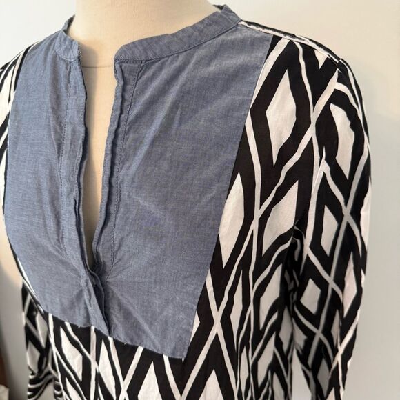 J. Crew Black & White Geometric Diamond Print Tunic with Chambray Bib Size Small - Picture 4 of 8